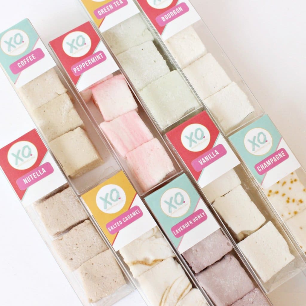 Overhead view of various packages of pretty marshmallows