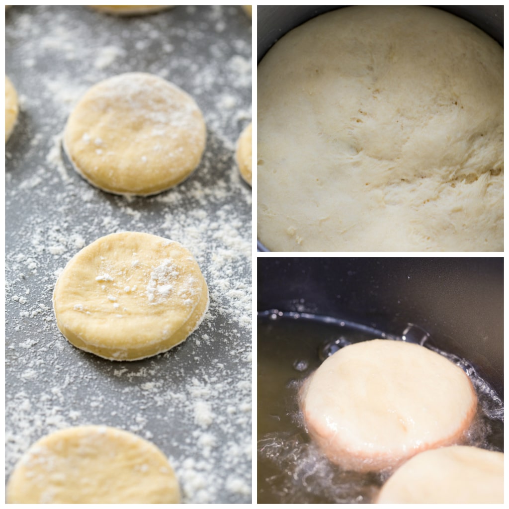 Collage showing donut making process, including donut dough rising in a bowl, donut rounds rising on a flour covered pan, and donut rounds frying in hot oil