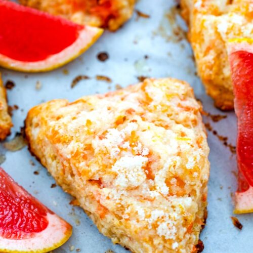 Grapefruit Honey Yogurt Scones -- Think scones are dry and boring? These sweet and tart Grapefruit Honey Yogurt Scones will prove that theory wrong! Enjoy them for breakfast, dessert, or as a snack with a cup of tea | wearenotmartha.com