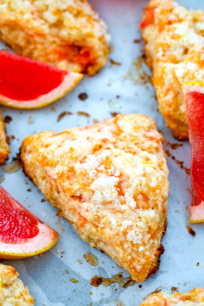 Overhead view of grapefruit scones on a baking sheet surrounded by pink grapefruit segments