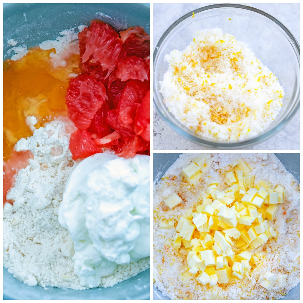 Collage showing process for making grapefruit scones, including a small bowl of sugar and grapefruit zest mixture, butter cubes being cut into flour mixture, and flour mixture with grapefruit segments, honey, and greek yogurt