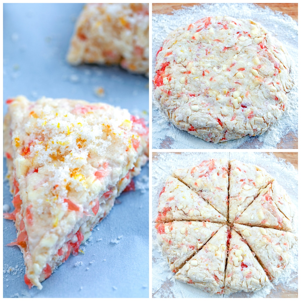 Collage showing process for forming grapefruit scones, including scone dough formed into a round on a floured surface, scone dough cut into 8 segments, and a scone on a baking sheet ready to go in the oven