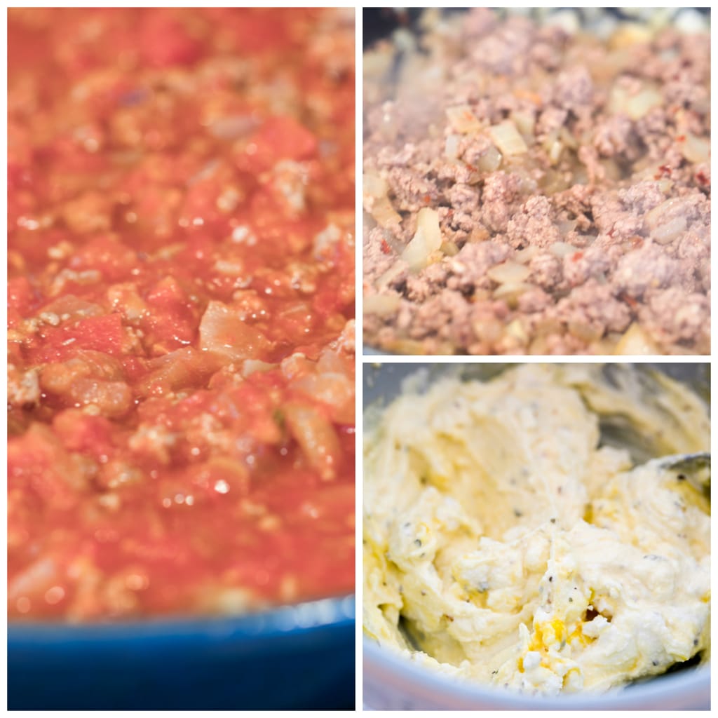 Collage showing ground lamb in skillet, tomatoes added to skillet, and ricotta and feta mixed in bowl