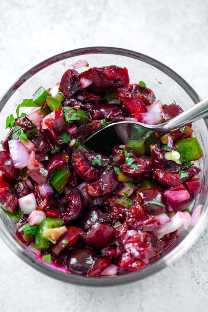 Overhead view of bowl with grilled cherry salsa