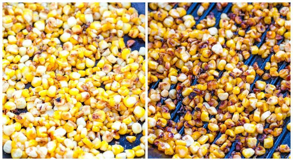 Collage showing process for grilling corn, including corn kernels in a grill pan and corn kernels cooked to golden in grill pan