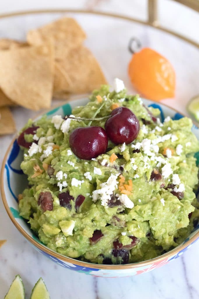 Grilled Guacamole with Cherries and Habaneros -- Grill your avocados before turning them into guacamole! | wearenotmartha.com