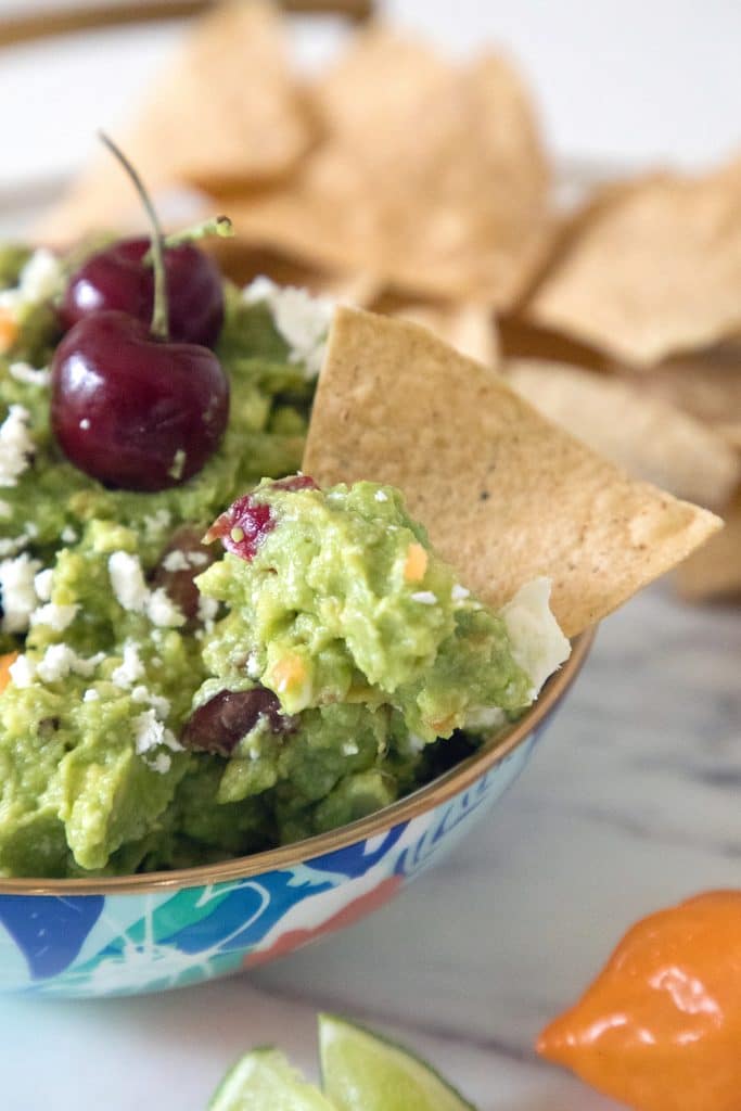 Grilled Guacamole with Cherries and Habaneros -- Grill your avocados before turning them into guacamole! | wearenotmartha.com