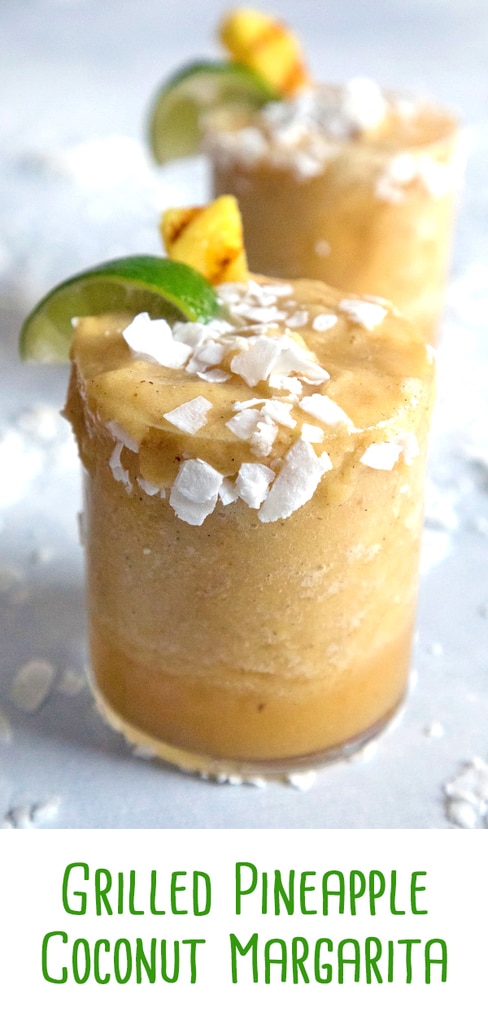 Grilled Pineapple Coconut Margaritas -- Pineapple is delicious on all on its own, but grilling it brings out a whole new depth of flavor. This Grilled Pineapple Coconut Margarita is easy to make and perfect as a tropical cocktail! | wearenotmartha.com #pineapple #coconut #margaritas