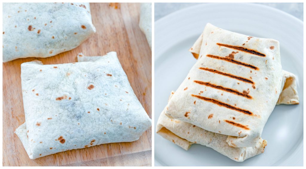 Collage showing process for finishing burritos, including burritos all wrapped up and burrito on a white plate with grill marks