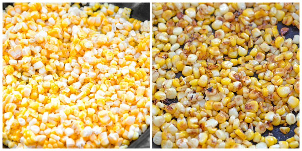 Collage showing process for grilling corn in grill pan, including fresh corn kernels in pan and corn kernels grilled in pan