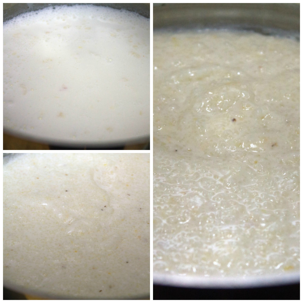 Collage showing grits cooking in milk and cooked grits with cheese mixed in