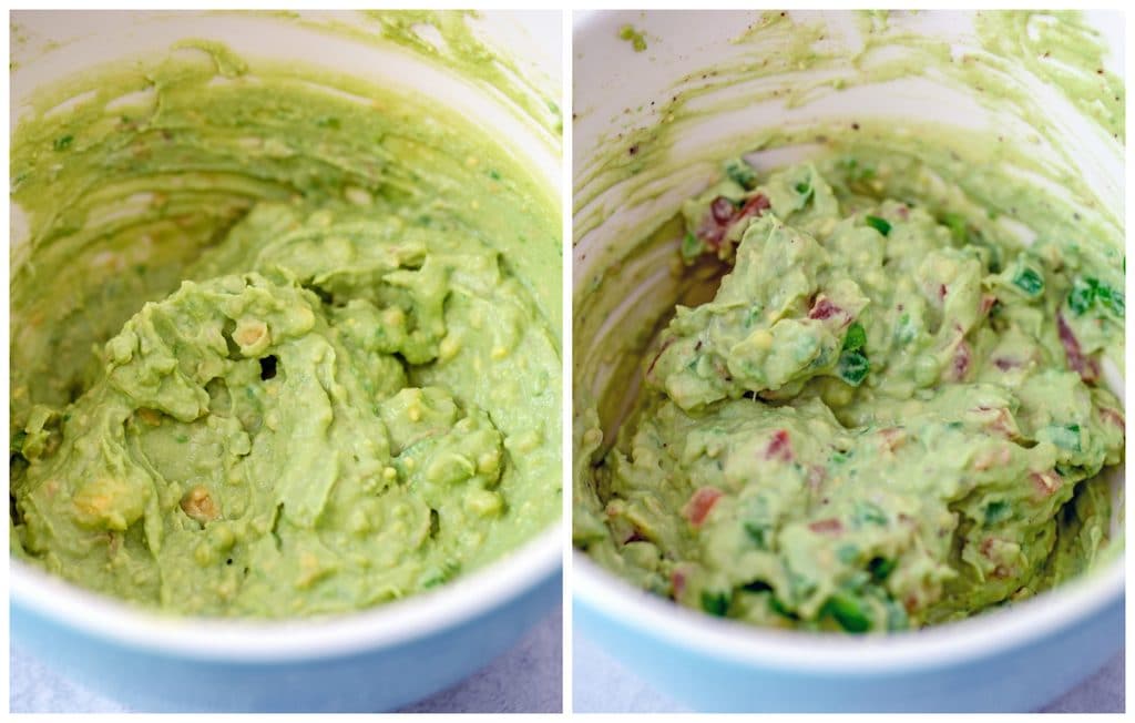 Collage showing guacamole making process, including avocado, egg yolk, lime juice, and sour cream mixed together and second photo with tomato, jalapeño, and cilantro also mixed in