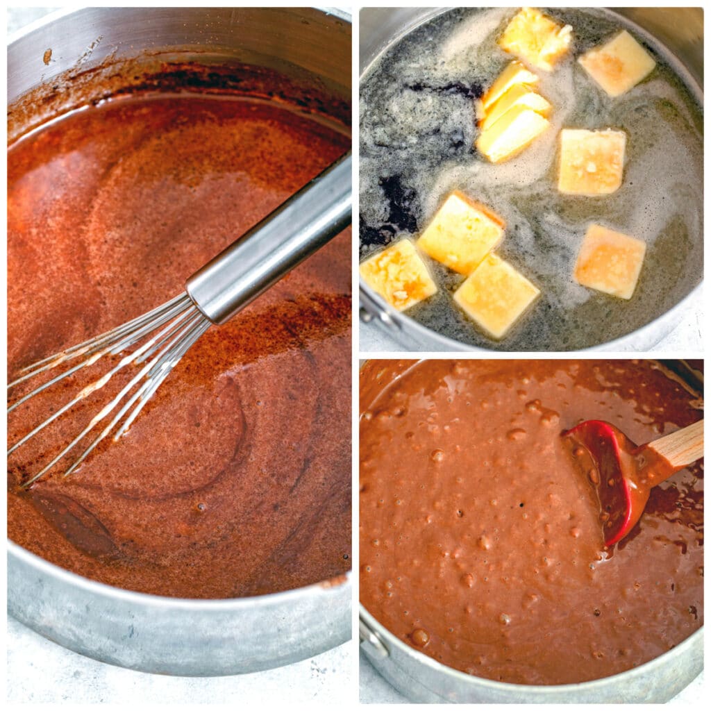 Collage showing process for making chocolate beer cupcakes, including butter and Guinness melting in saucepan, chocolate and sugar mixed into pan, and finished batter in pan.