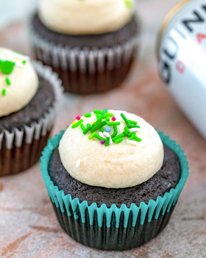 Guinness Cupcakes -- Beer in cupcakes? These Guinness Cupcakes have Guinness in both the cupcake and the frosting and are absolutely delicious. They're the perfect St. Patrick's Day dessert, but can be enjoyed any time of year | wearenotmartha.com #guinness #cupcakes #beer #guinnesscupcakes #stpatricksday