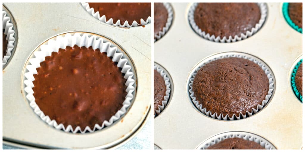 Collage showing chocolate cupcake batter in cupcake tins and chocolate beer cupcakes just out of the oven in tins