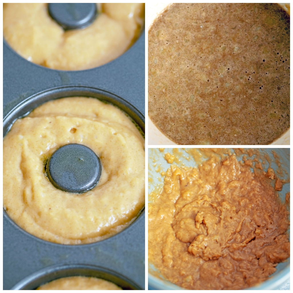 Collage showing process for making baked doughnuts, including wet ingredients in a bowl, wet and dry ingredients combined in a bowl, and batter in a doughnut pan