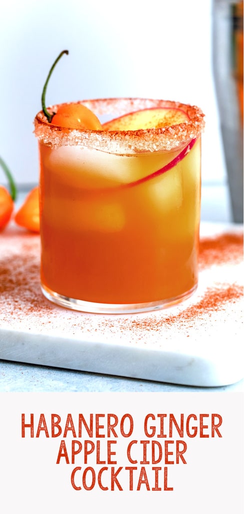 Habanero Ginger Apple Cider Cocktail -- This Habanero Ginger Apple Cider Cocktail is a simple, but delicious fall cocktail consisting of apple cider, rum, and a wonderfully spicy habanero ginger simple syrup. Despite being served chilled, it's a cocktail that will warm you up! | wearenotmartha.com #applecider #cocktails #habanero #spicy