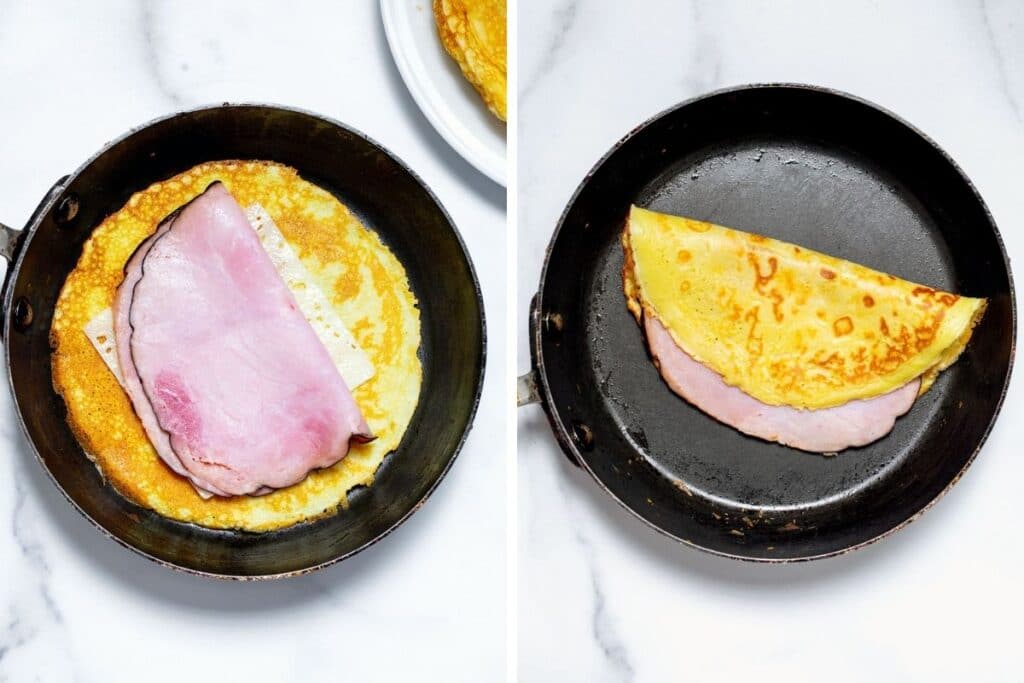 Collage showing ham and swiss cheese on top of crepe in pan and crepe folded over in pan