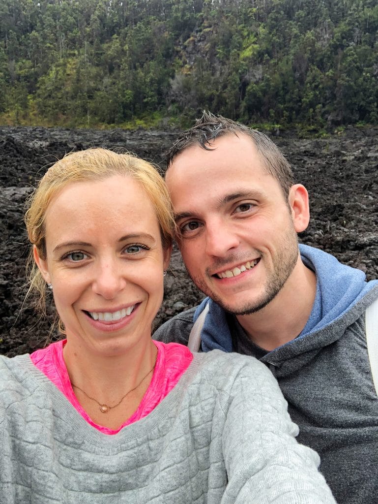 Sues and Chris posing on the crater while hiking the Kīlauea Iki Trail at Volcano National Park on the Big Island of Hawaii