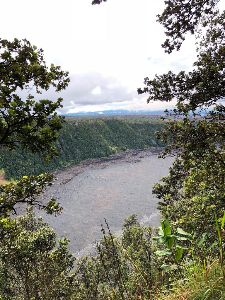 View of the crater from the top of the Kīlauea Iki Trail at Volcano National Park on the Big Island of Hawaii