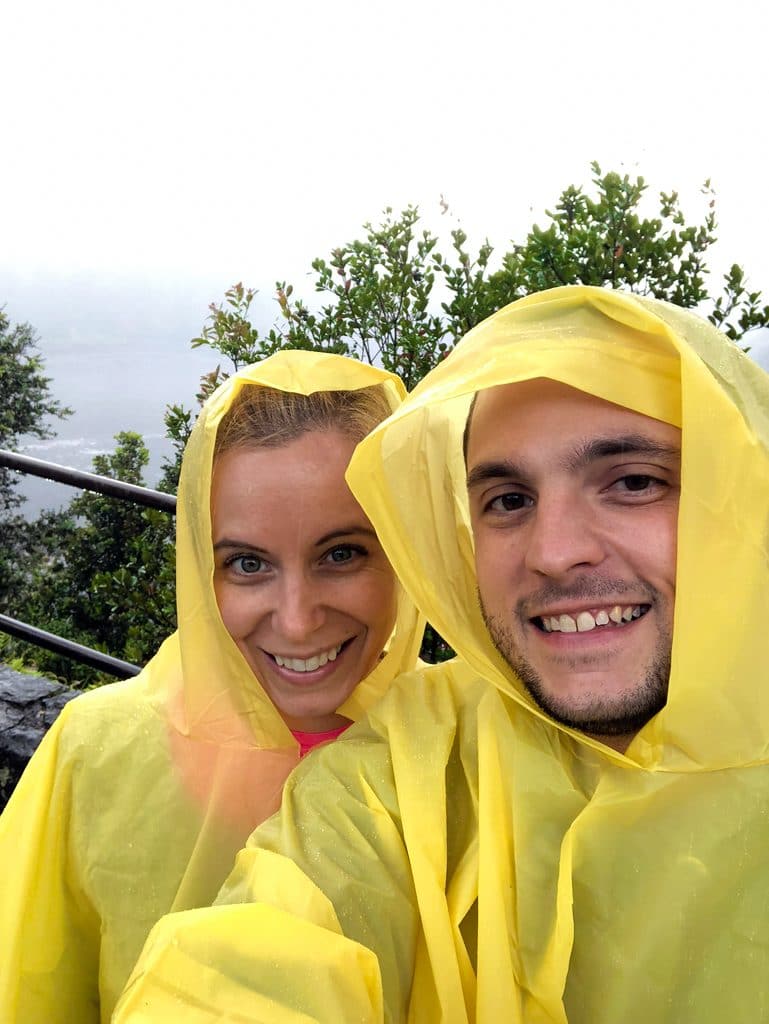 Sues and Chris in ponchos about to set out on the Kīlauea Iki Trail at Volcano National Park on the Big Island of Hawaii