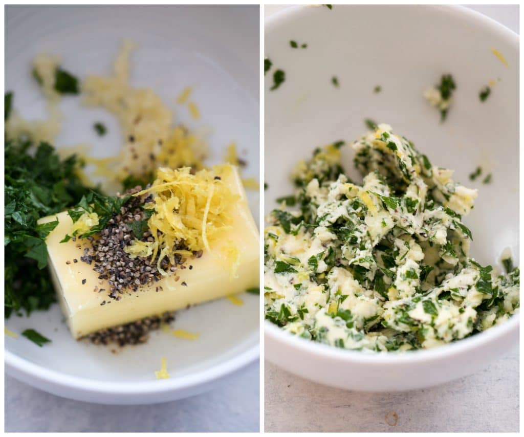 Collage showing making of herbed butter- one photo with butter, lemon zest, pepper, and parsley in bowl and another photo with all the ingredients mixed together in bowl