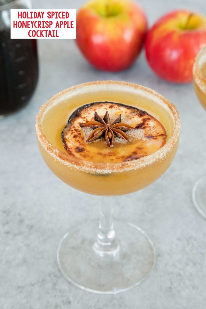 View of a holiday spiced honeycrisp apple cocktail in a coup glass with a dried apple and star anise garnish with jar of simple syrup and apples in the background with recipe title at top