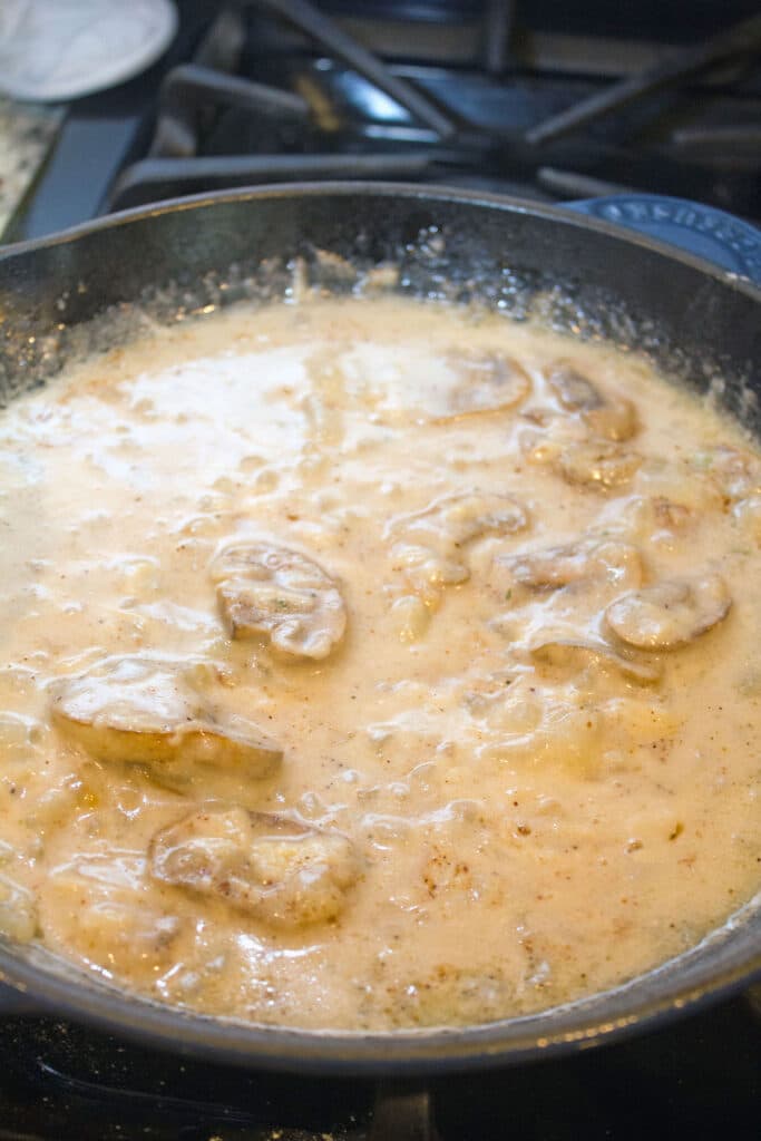 Homemade cream of mushroom sauce simmering.