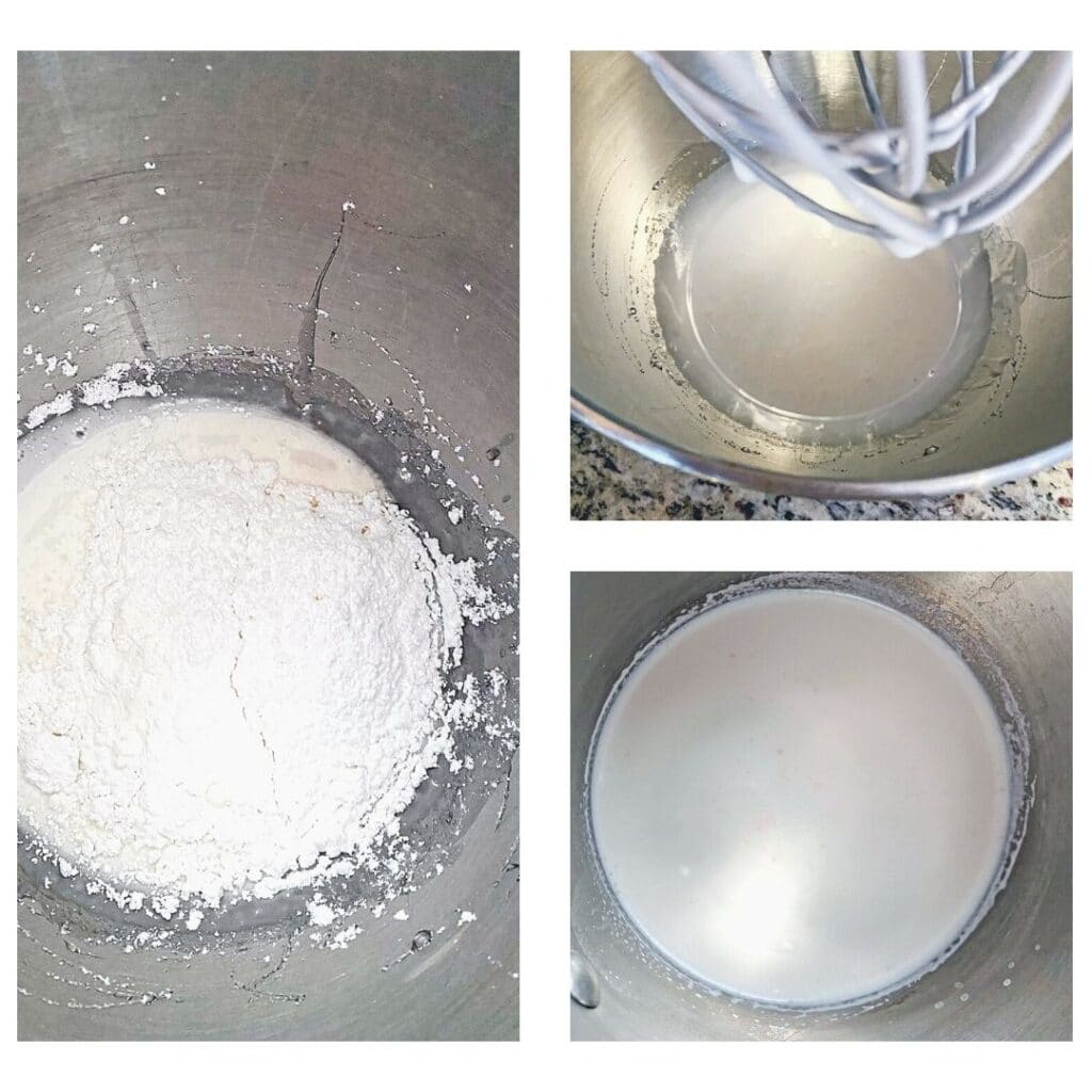Collage showing marshmallow fluff being made 
