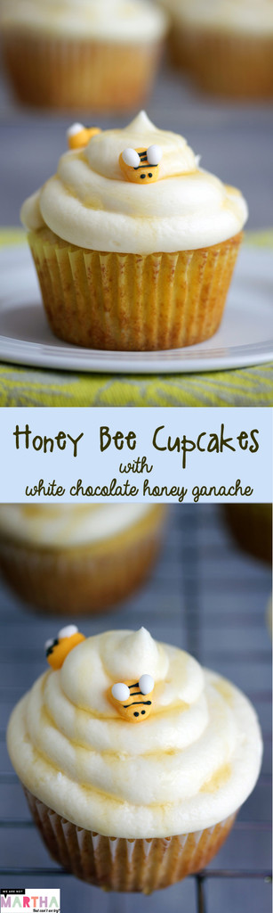 Honey Bee Cupcakes with White Chocolate Honey Ganache -- These white chocolate and honey cupcakes will be the buzz of any warm weather celebration! | wearenotmartha.com #cupcakes #bees #honey #honeybees #whitechocolate