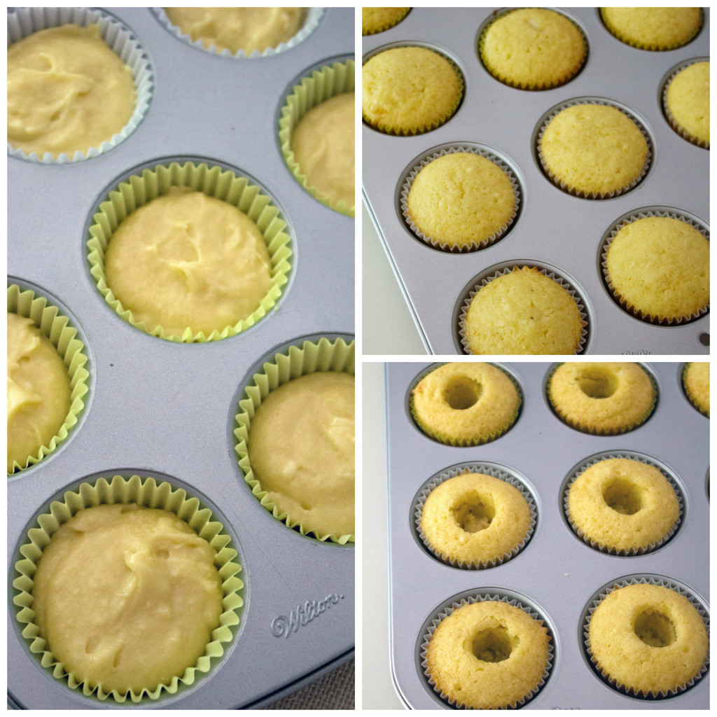 Collage showing cupcake batter in tins, baked cupcakes, and baked cupcakes with cores removed