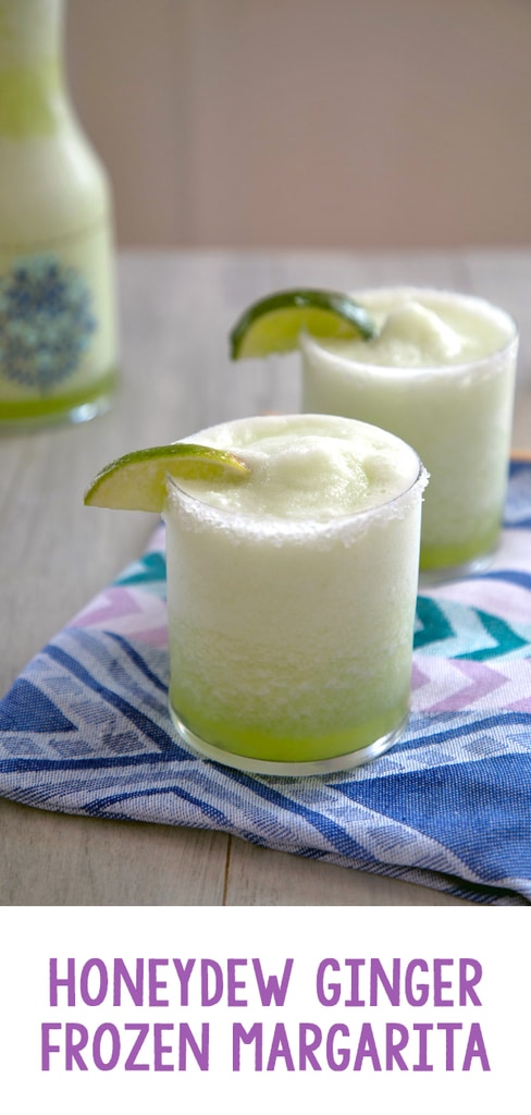 Honeydew Ginger Frozen Margarita -- This bright green frozen honeydew margarita combines fresh honeydew melon, ginger simple syrup, and tequila for a frozen drink that's perfect for any time of the year | wearenotmartha.com #honeydew #margaritas #frozendrinks #ginger #tequila