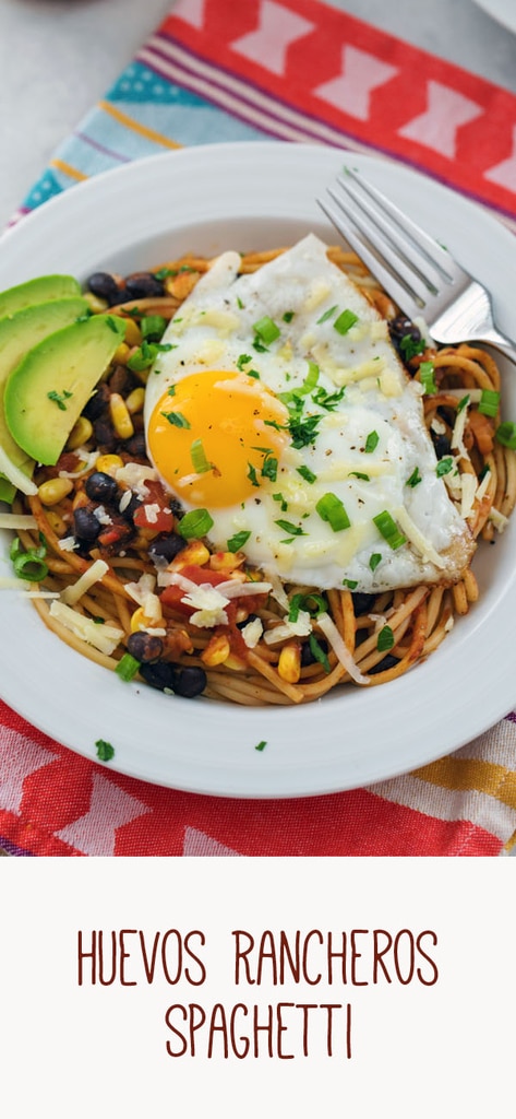 Huevos Rancheros Spaghetti -- Spaghetti for breakfast? Totally acceptable if it's this Huevos Rancheros Spaghetti dish! Extremely easy to make for either brunch or dinner, there's a good chance you have all the ingredients in your pantry right now | wearenotmartha.com #brunch #breakfast #huevosrancheros #eggs