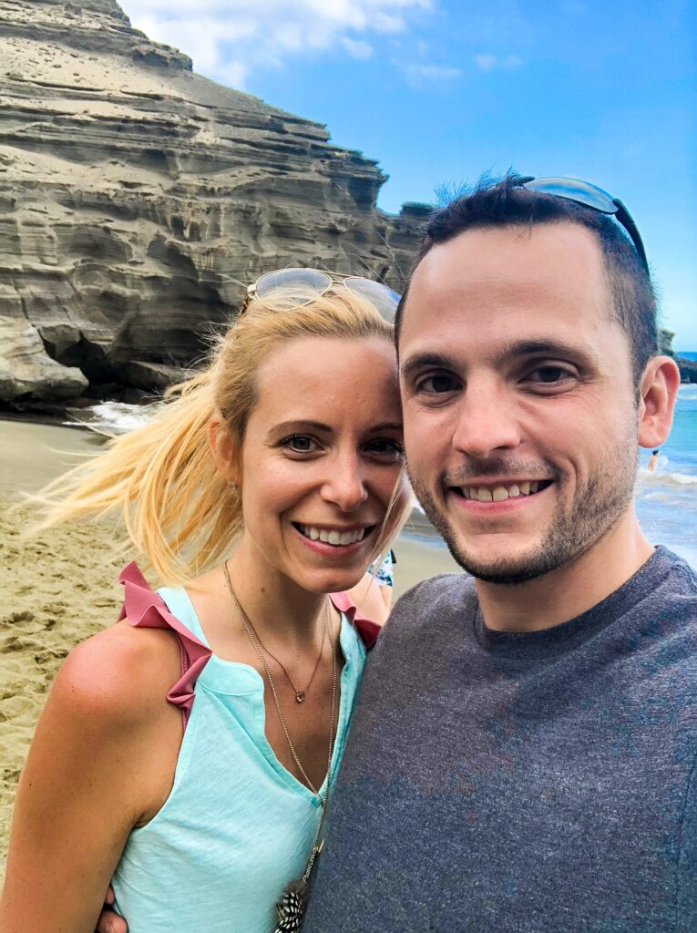 Sues and Chris on Papakolea, the Green Sand Beach in Kona on the Big Island of Hawaii