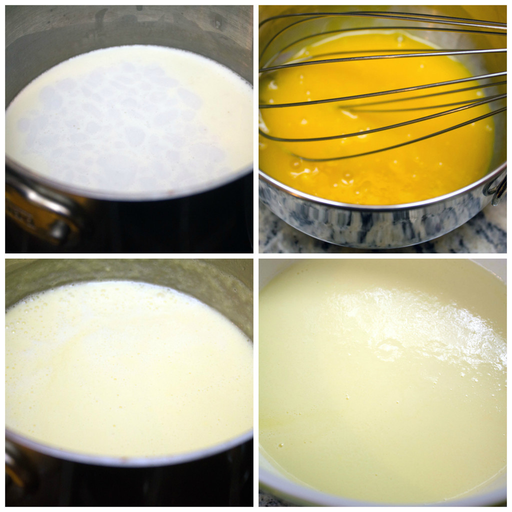 Collage showing process for making strawberry blueberry ice cream, including milk in saucepan, egg yolks whisked in bowl, eggs and milk tempered in saucepan and ice cream custard base chilling in bowl