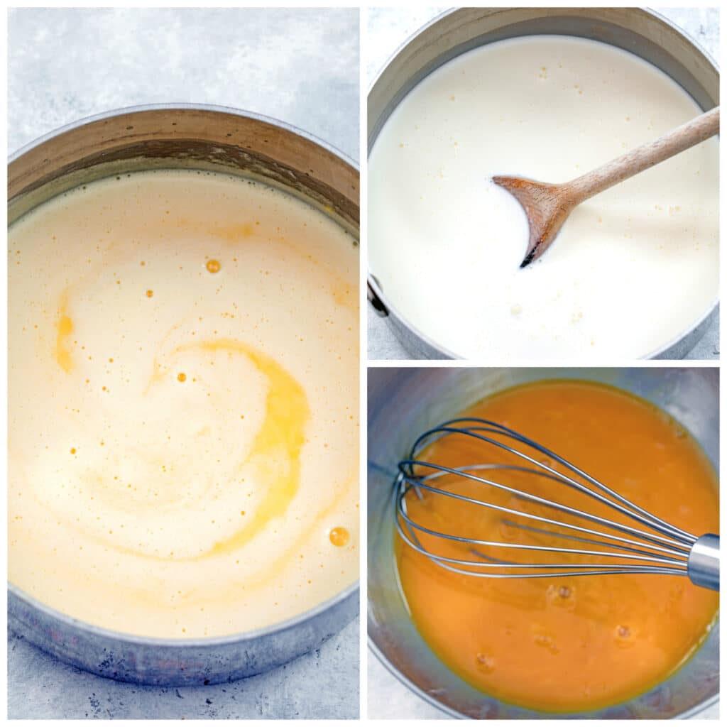 Collage showing milk and cream heating together, egg yolks whisked together in bowl, and custard mixture heating in saucepan
