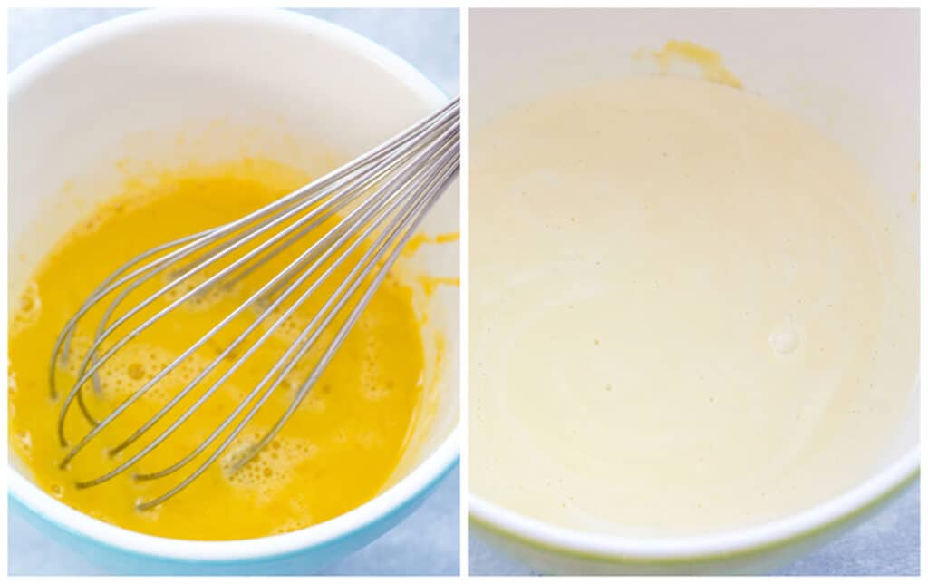 Collage showing process for making ice cream base, including egg yolks being mixed in a bowl, and egg yolks with milk, sugar, and cream