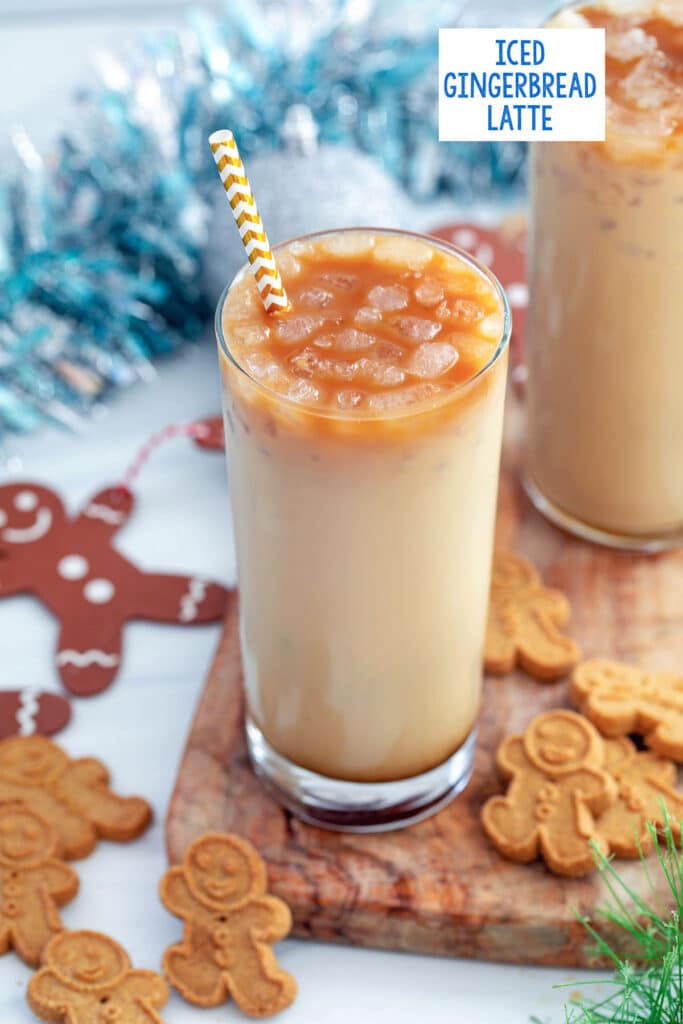 Tall glass of an iced gingerbread latte with gingerbread cookies all around and recipe title at top