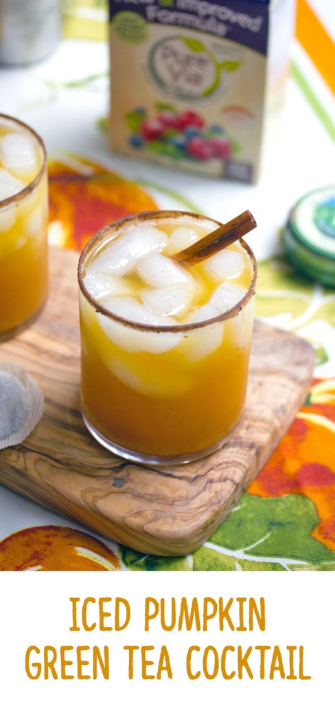 Iced Pumpkin Green Tea Cocktail -- Get in the mood for fall with this Iced Pumpkin Green Tea Cocktail. You can leave the vodka out if you desire, but it brings a little bit of extra warming power! | wearenotmartha.com #pumpkindrinks #pumpkincocktails #tea #greentea #teacocktails