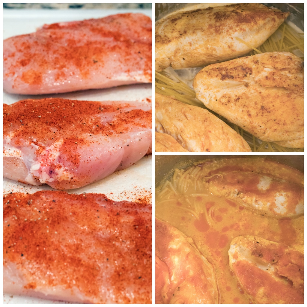 Collage showing process for cooking chicken and pasta in the Instant Pot, including seasoned chicken on cutting board, chicken on top of pasta in Instant Pot, and chicken and pasta cooking in sauce in Instant Pot