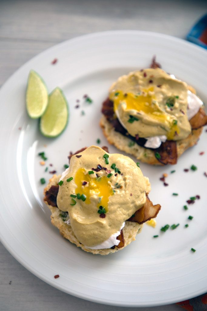 Jalapeño Biscuit Eggs Benedict with Avocado Lime Hollandaise -- The best brunch ever | wearenotmartha.com