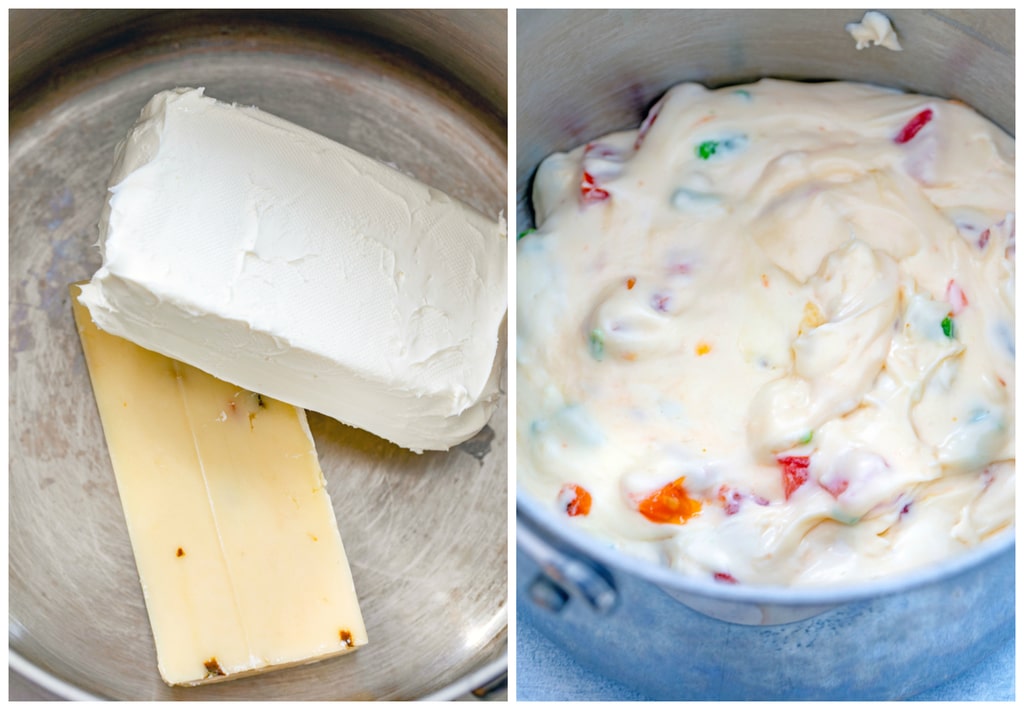 Collage showing process for making jalapeño queso, including cream cheese and cheddar cheese in saucepan and cheeses all melted with chopped tomatoes, jalapeño, and garlic mixed in