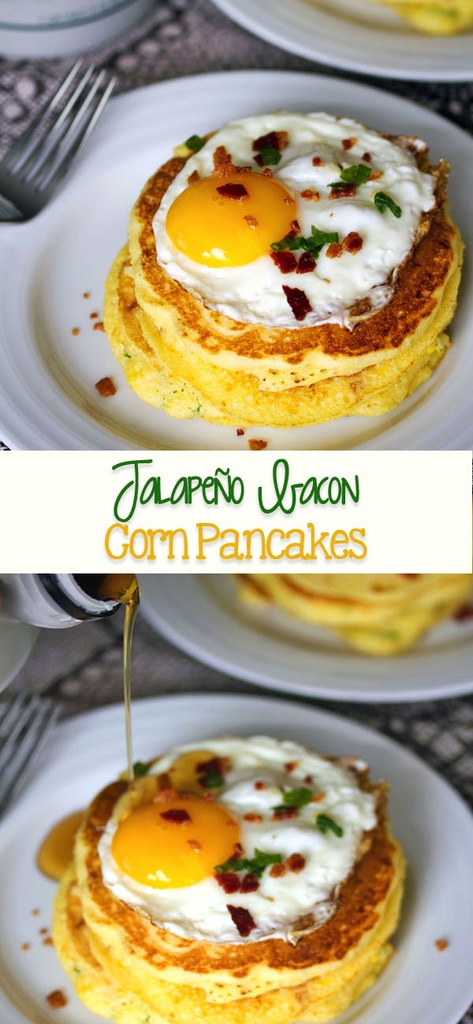 Jalapeño Bacon Corn Pancakes -- These jalapeño bacon pancakes are exactly what your bottle of maple syrup has been waiting for. Yes, even with eggs on top | wearenotmartha.com #pancakes #jalapeno #bacon #corn #maplesyrup #brunch