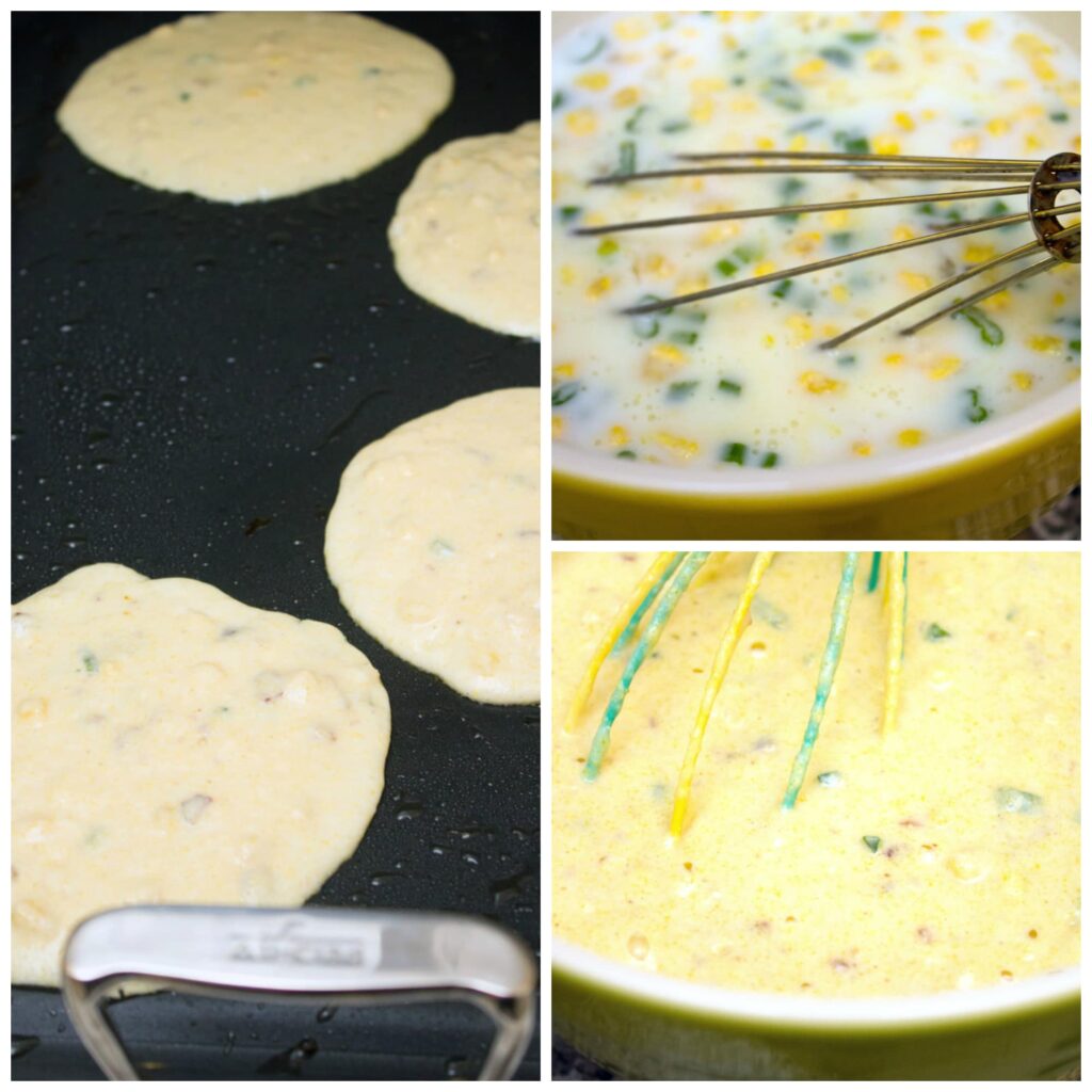 A collage showing the process of making jalapeño bacon corn pancakes, including the batter being whisked and the pancakes cooking on a griddle