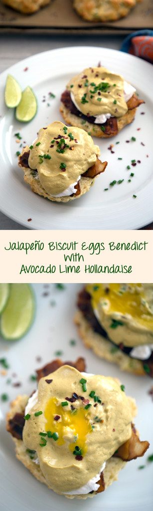 Jalapeño Biscuit Eggs Benedict with Avocado Lime Hollandaise -- The best brunch ever | wearenotmartha.com