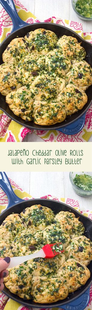 Jalapeño Cheddar Olive Rolls with Garlic-Parsley Butter -- Homemade pull-apart bread for your dinner party | wearenotmartha.com