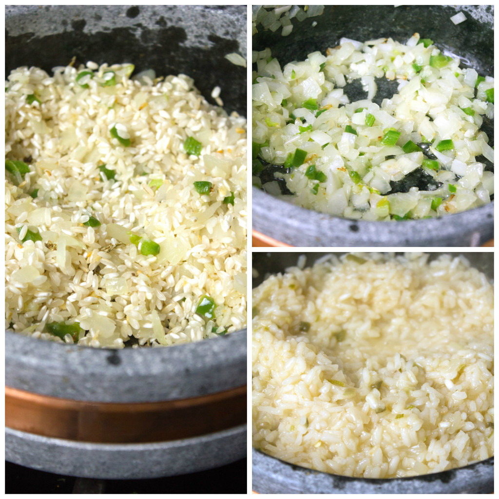Collage showing process for making jalapeño cheddar risotto, including onion and jalapeño sautéing, arborio rice added to pot, and risotto cooking with jalapeño and onion. 
