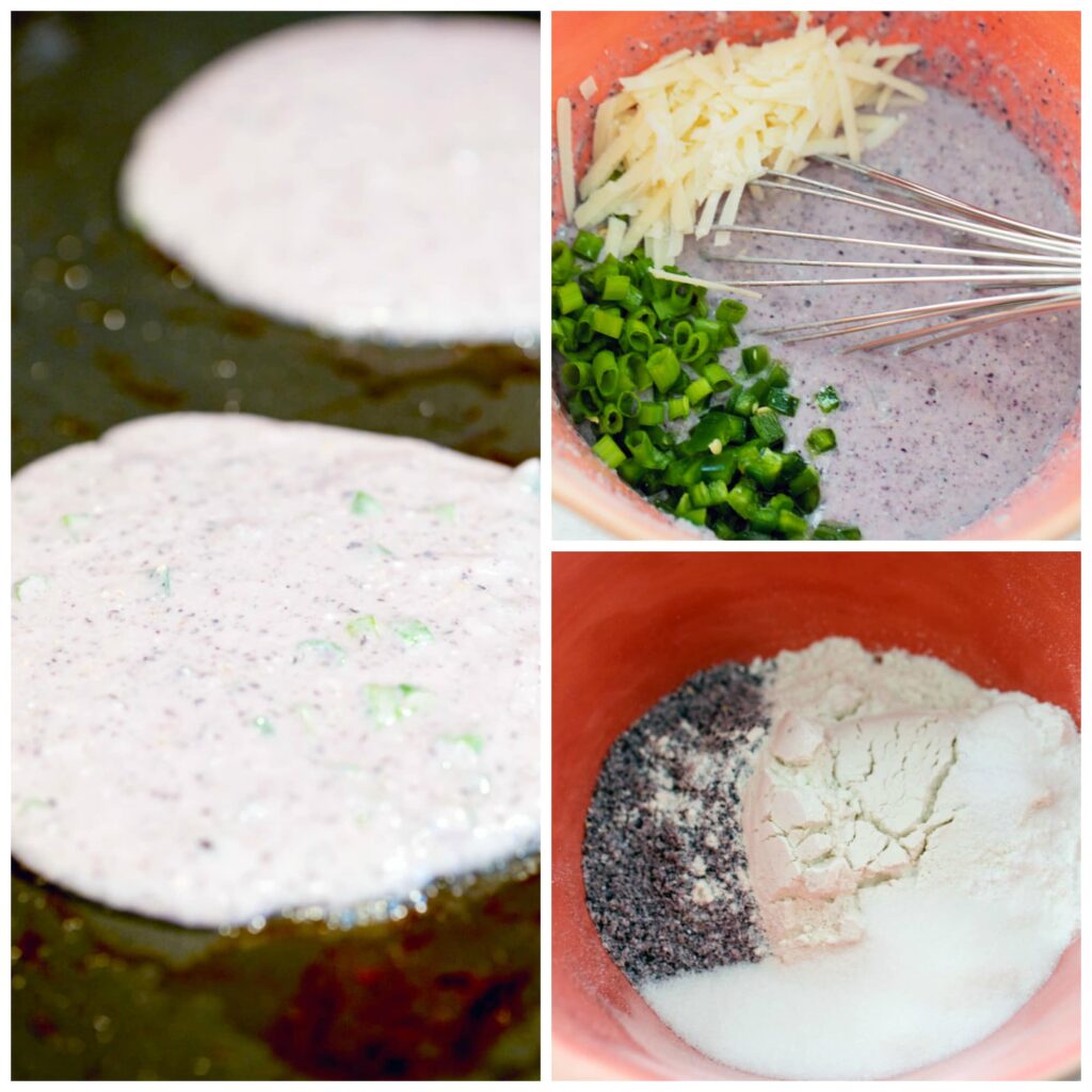 Collage showing process to make jalapeño cornmeal pancakes, including batter dry ingredients in mixing bowl, wet ingredients mixed in with jalapeño, scallions, and cheese being folded in, and pancake batter in skillet