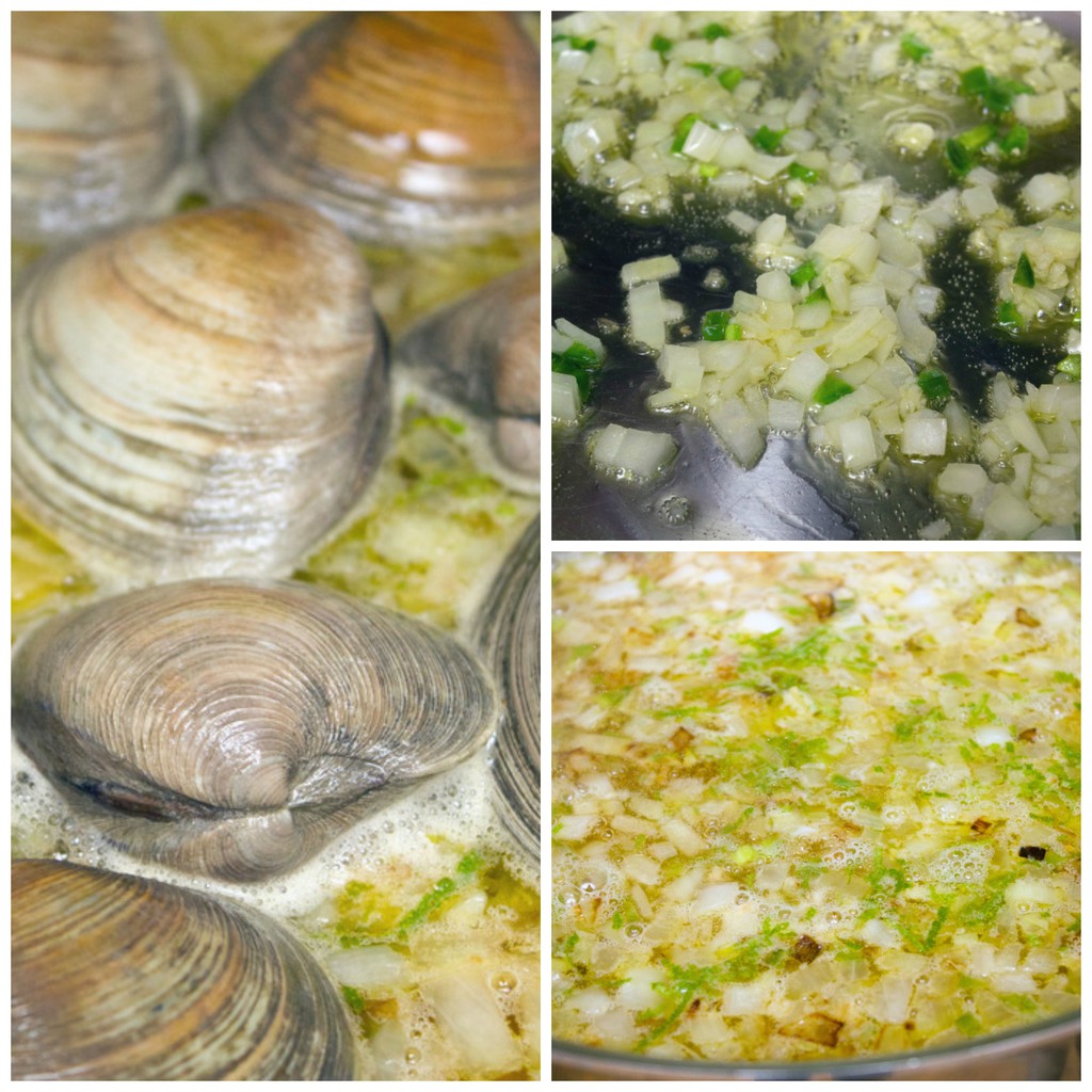 Collage showing process for making spicy lime linguine with clams and sausage, including onion and jalapeño cooking, ingredients cooking in cider, and clams cooking in cider