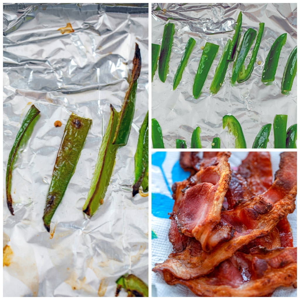 Collage with one photo of jalapeños sliced and on foil-covered baking sheet, one photo of jalapeño slices after being broiled, and one photo of crispy bacon